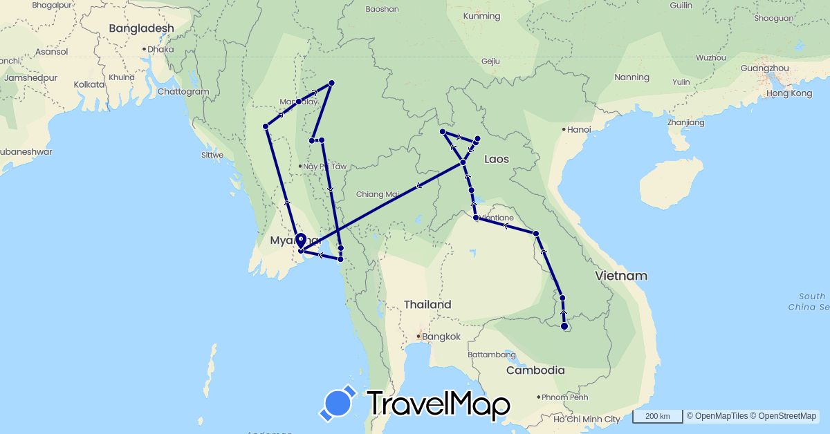 TravelMap itinerary: driving in Laos, Myanmar (Burma) (Asia)